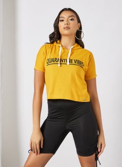 Campus Sutra Slogan Printed Drawstring Neck Hoodie Mustard/Black  - Image 1