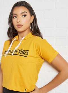 Campus Sutra Slogan Printed Drawstring Neck Hoodie Mustard/Black  - Image 3