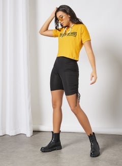 Campus Sutra Slogan Printed Drawstring Neck Hoodie Mustard/Black  - Image 4