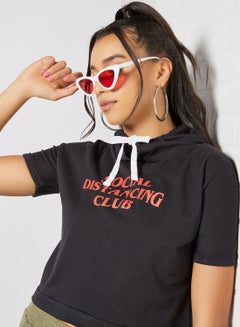 Campus Sutra Slogan Printed Drawstring Neck Hoodie Black/Red  - Image 2