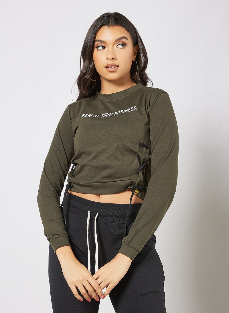Campus Sutra - Slogan Printed Cropped Sweatshirt Green/White - Image 1