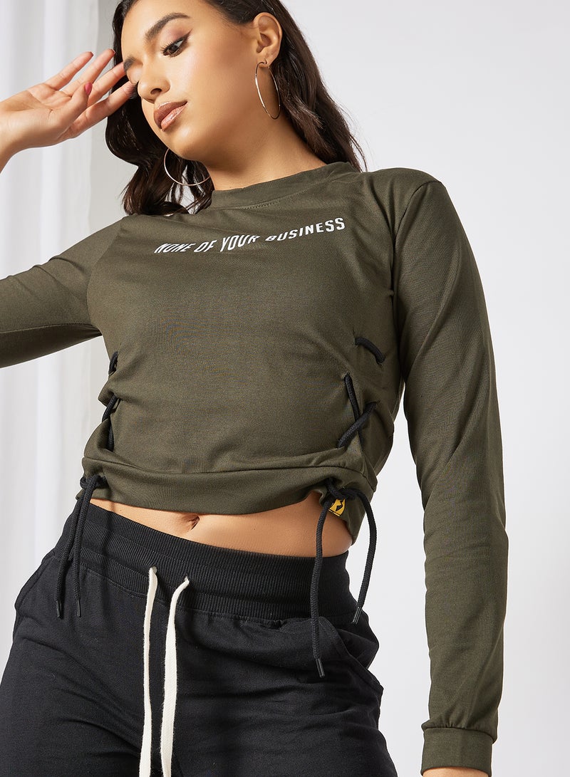 Campus Sutra - Slogan Printed Cropped Sweatshirt Green/White - Image 1