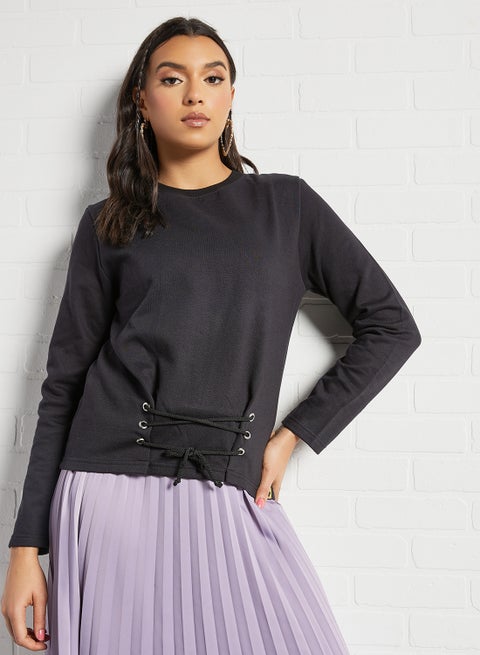 Solid Pattern Loops Detail Sweatshirt Black