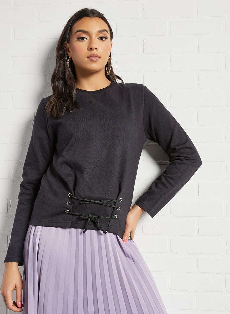 Campus Sutra Solid Pattern Loops Detail Sweatshirt Black  - Image 1