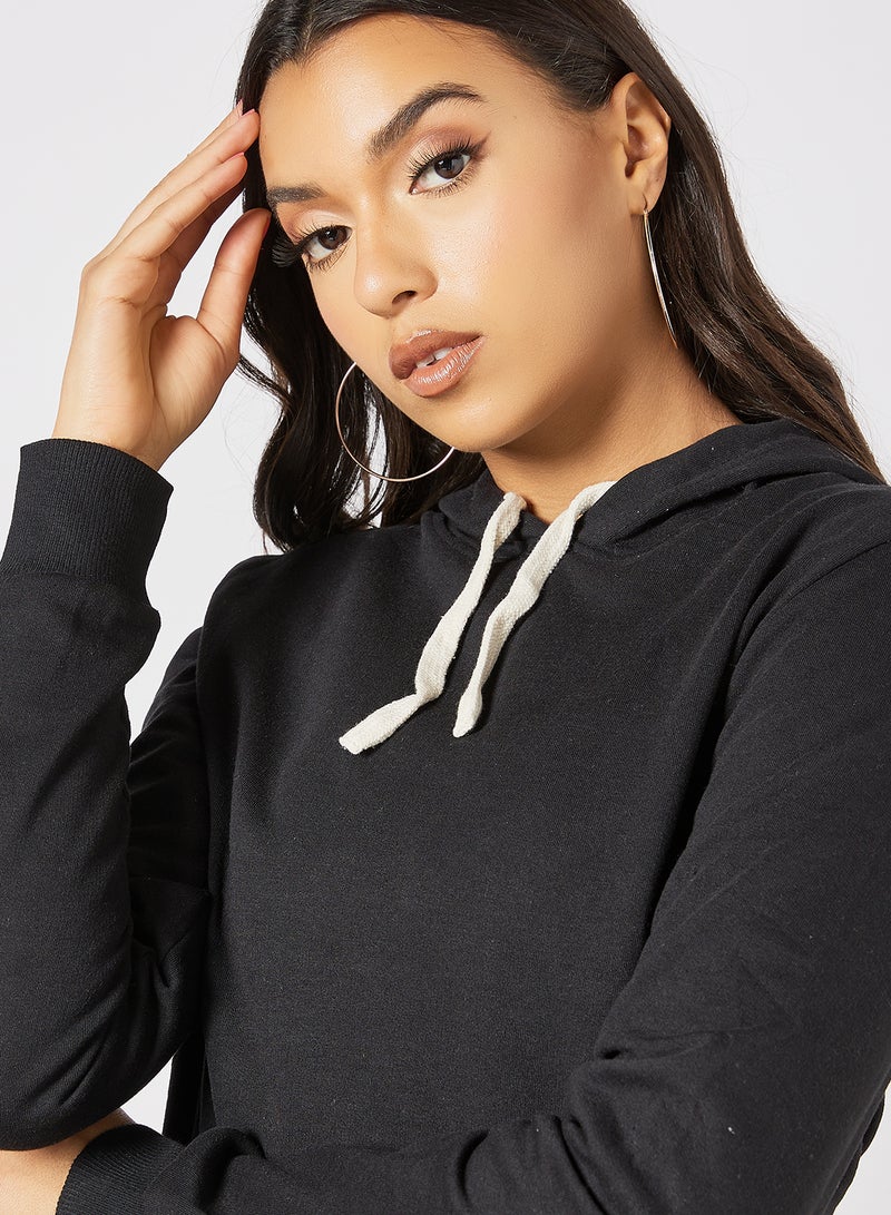 Campus Sutra - Solid Pattern Drawstring Neck Hoodie Black - Image 1