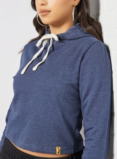 Campus Sutra Solid Pattern Drawstring Neck Hoodie Blue  - Image 4