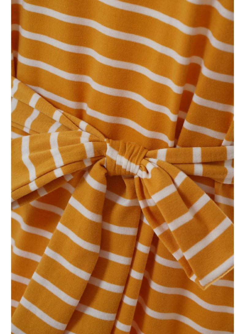 Aila Short Sleeve Tie Bow Stripe Midi Knit Dress Yellow/White - Image 5