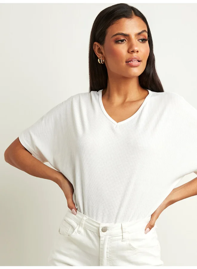 Closet By Styli Plain Boxy Ribbed T-Shirt White