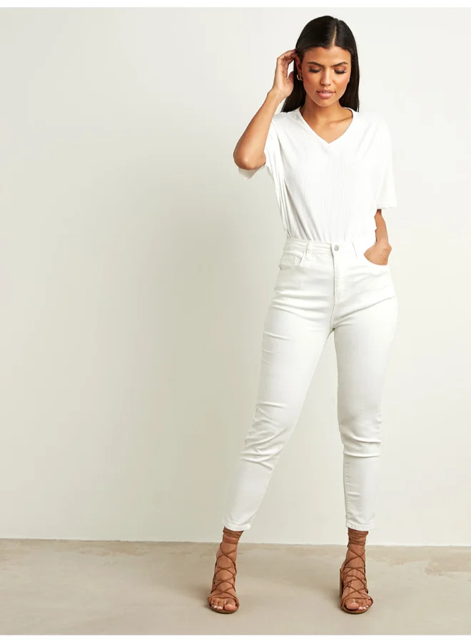 Closet By Styli Plain Boxy Ribbed T-Shirt White