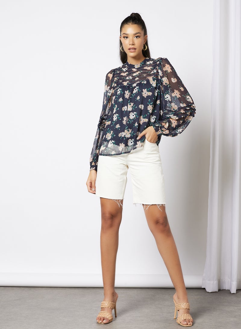 I.Scenery - Floral Print Top Navy - Image 1