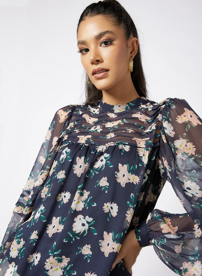I.Scenery Floral Print Top Navy