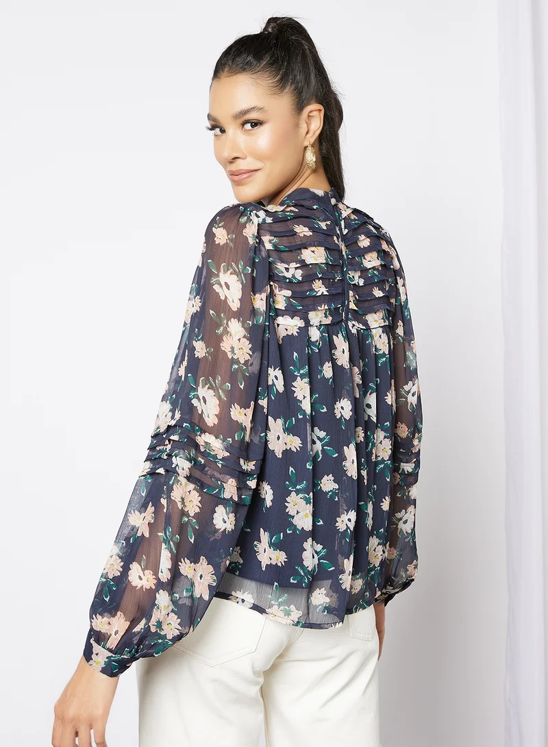 I.Scenery Floral Print Top Navy