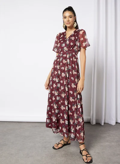 I.Scenery Floral Print Wrap Maxi Dress Dark Red
