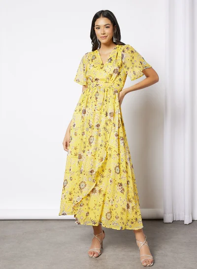 I.Scenery Floral Print Wrap Maxi Dress Yellow