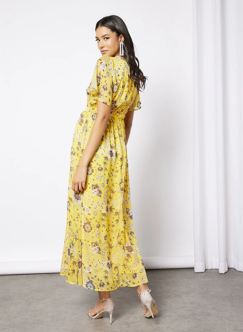 I.Scenery Floral Print Wrap Maxi Dress Yellow