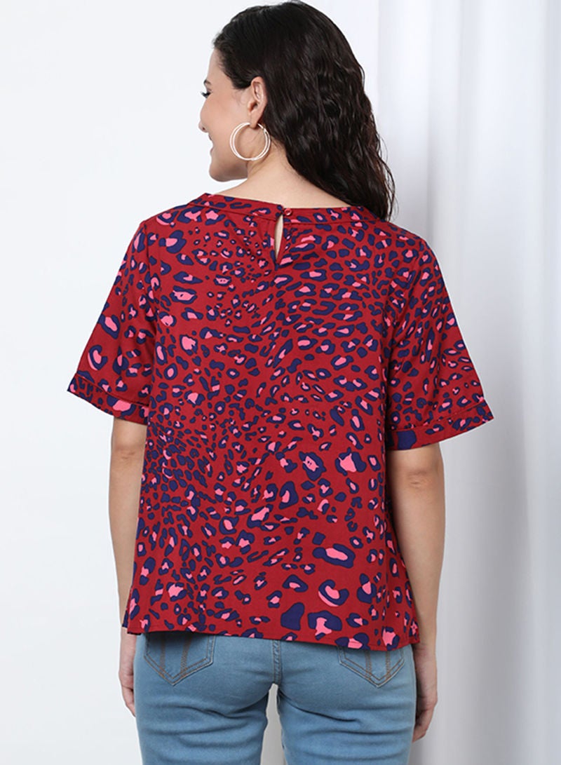 OFFROAD Floral Round Neck Long Sleeve Blouse Aop Red - Image 2