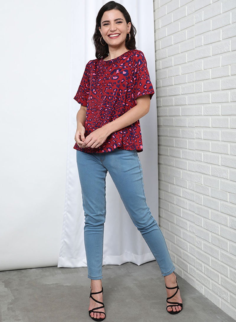 OFFROAD Floral Round Neck Long Sleeve Blouse Aop Red - Image 4