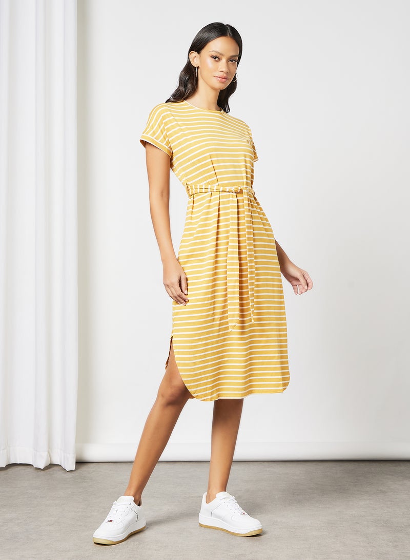 Aila Short Sleeve Tie Bow Stripe Midi Knit Dress Yellow/White - Image 1