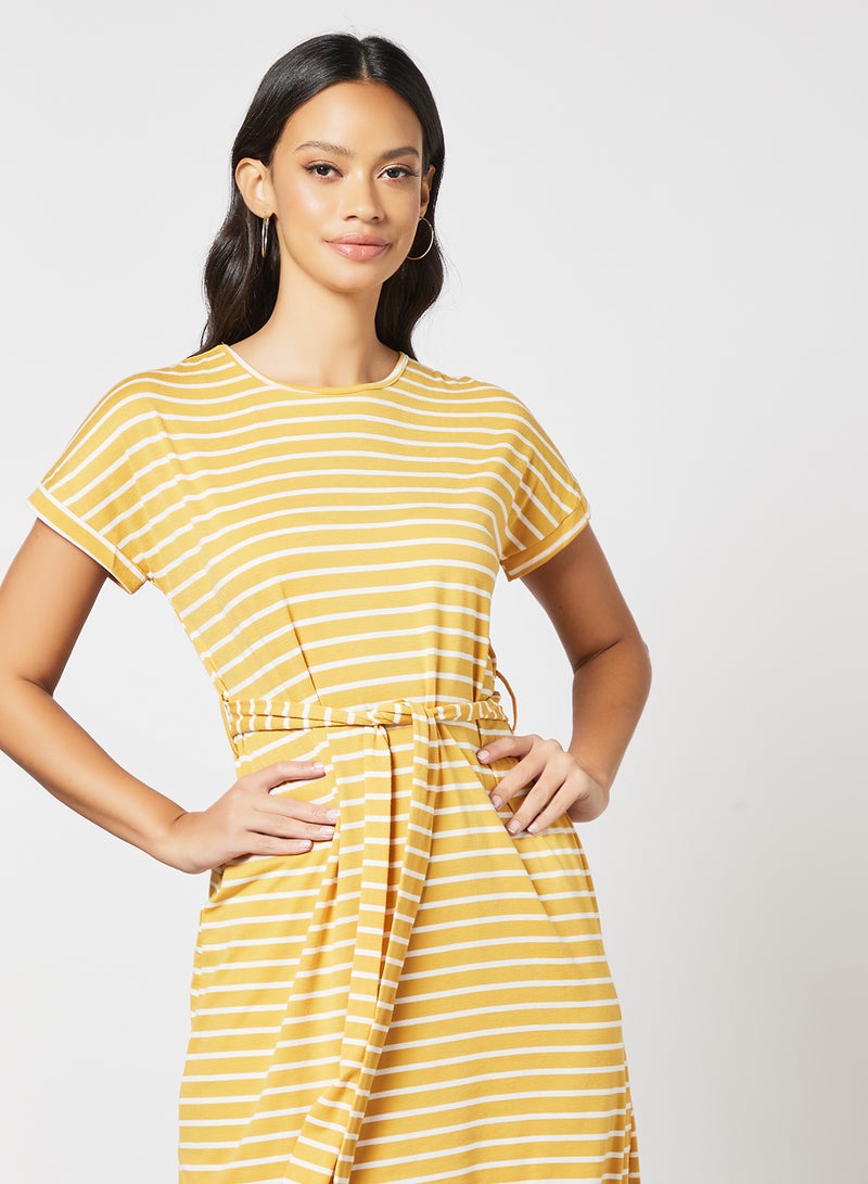 Aila Short Sleeve Tie Bow Stripe Midi Knit Dress Yellow/White - Image 3