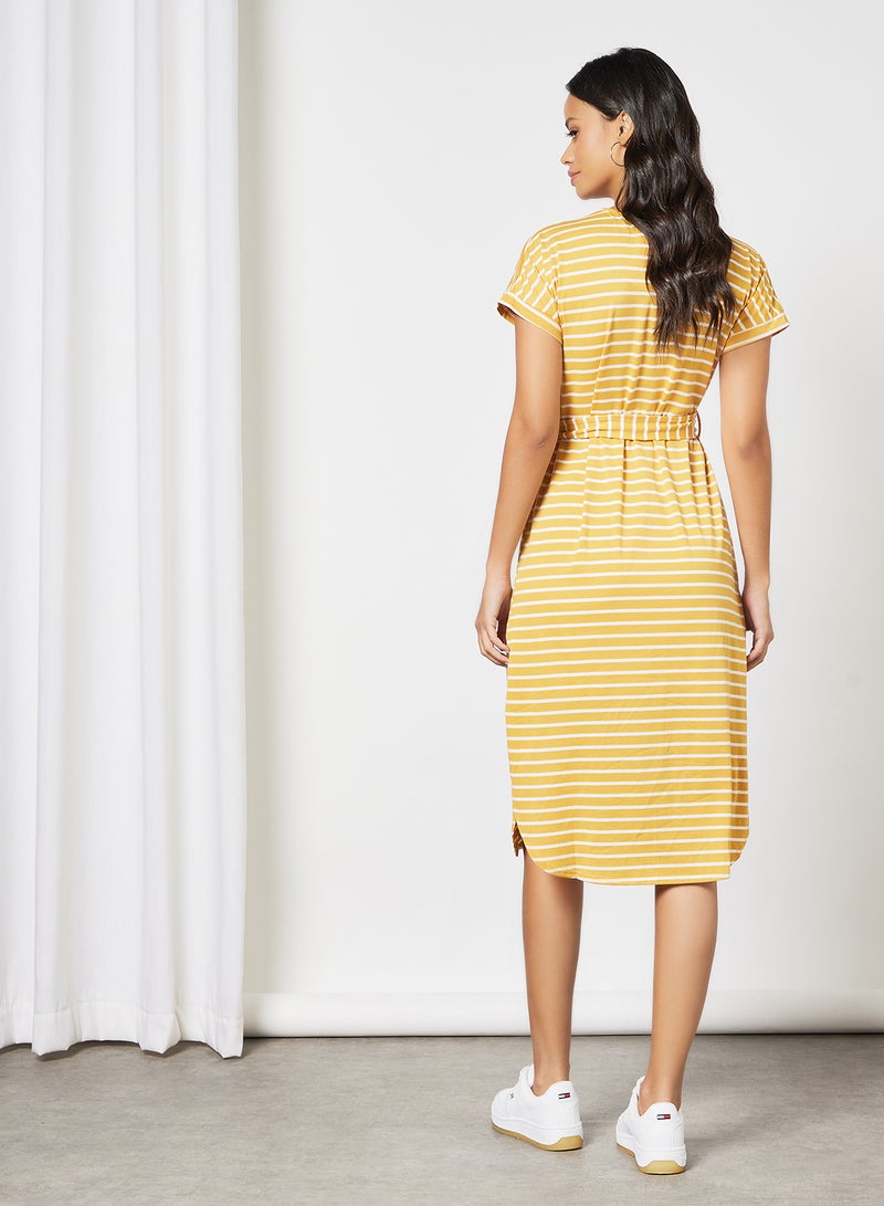 Aila Short Sleeve Tie Bow Stripe Midi Knit Dress Yellow/White - Image 2