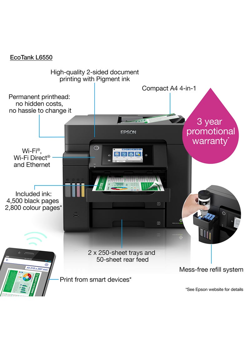 EPSON - EcoTank L6550 3-in-1 Printer, Scanner, copier Wireless Inktank Black - Image 1