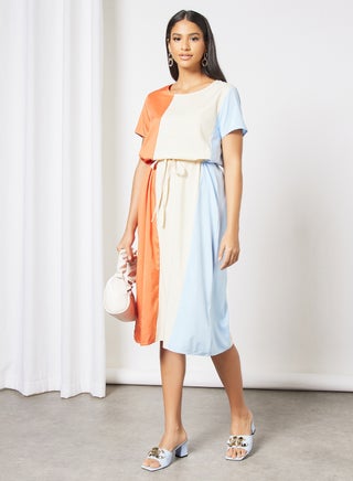 Casual Cap Sleeve Colorblock Maxi Knit Long Evening Maxi Dress With Draw String 43 Orange/White/129 Blue - v1635332243/N48137032V_1