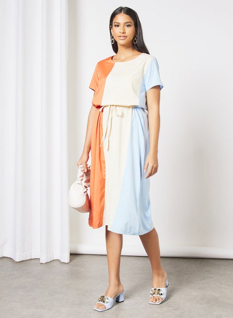 Casual Cap Sleeve Colorblock Maxi Knit Long Evening Maxi Dress With Draw String 43 Orange/White/129 Blue