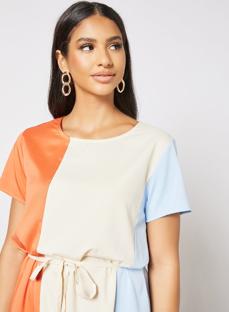 Casual Cap Sleeve Colorblock Maxi Knit Long Evening Maxi Dress With Draw String 43 Orange/White/129 Blue