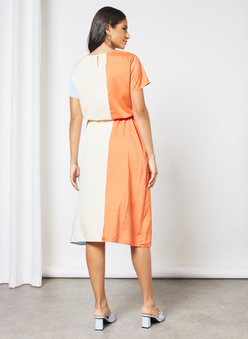 Casual Cap Sleeve Colorblock Maxi Knit Long Evening Maxi Dress With Draw String 43 Orange/White/129 Blue