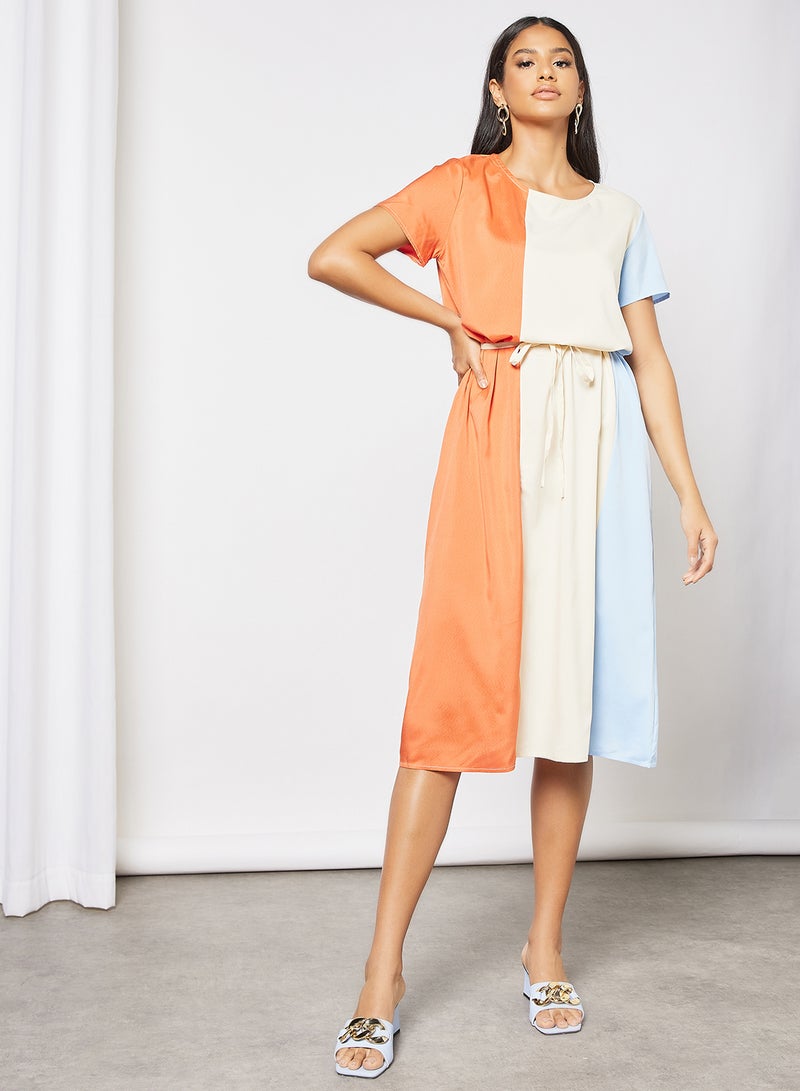 Casual Cap Sleeve Colorblock Maxi Knit Long Evening Maxi Dress With Draw String 43 Orange/White/129 Blue