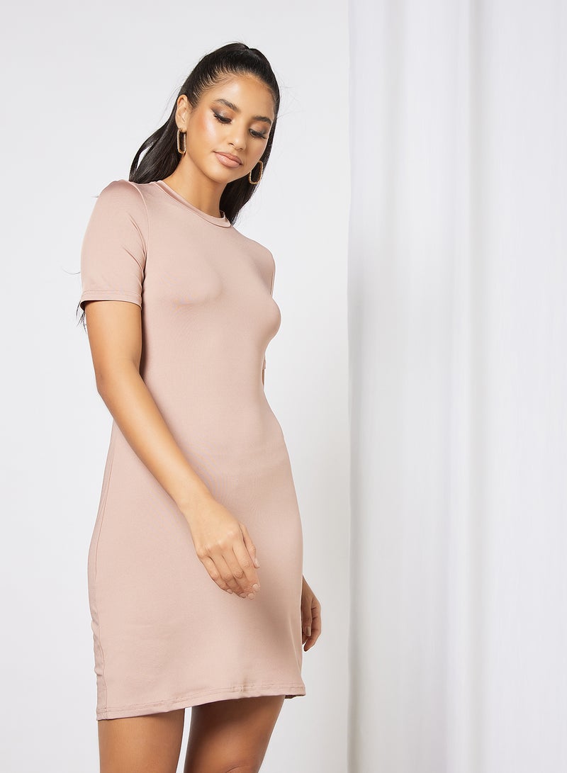 Aila - Casual Short Sleeve Mini Tee Knit Dress With Round Neck 49 Chocolate - Image 1