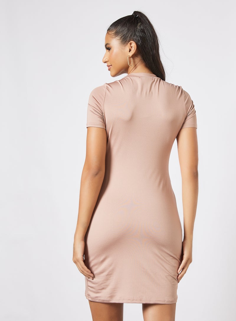 Aila - Casual Short Sleeve Mini Tee Knit Dress With Round Neck 49 Chocolate - Image 1