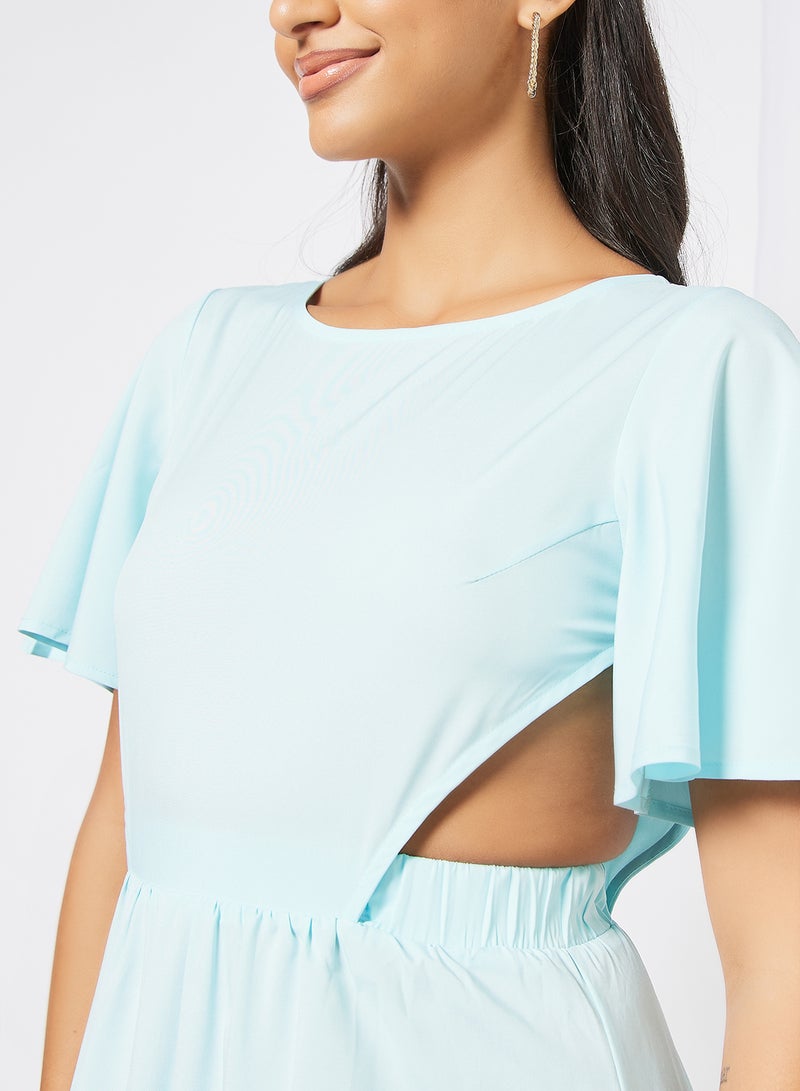 Aila - Casual Bell Shape Short Sleeve Midi Solid Woven Dress 14 Aqua Blue - Image 1