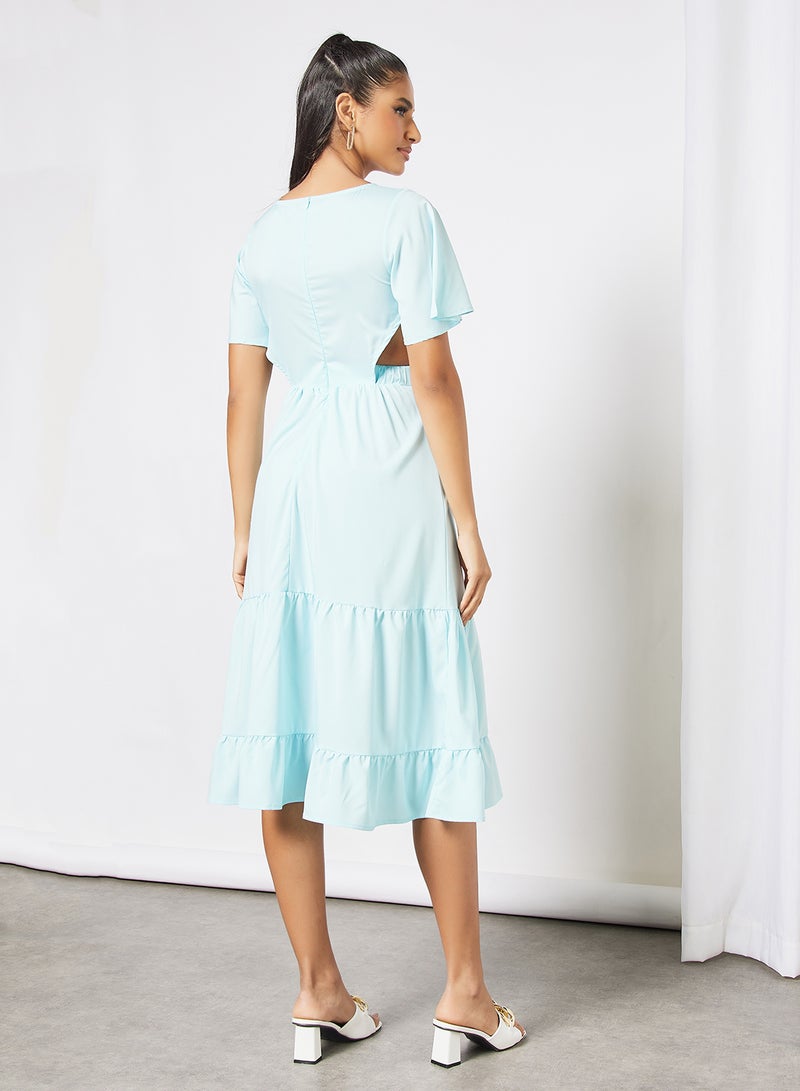 Aila - Casual Bell Shape Short Sleeve Midi Solid Woven Dress 14 Aqua Blue - Image 1