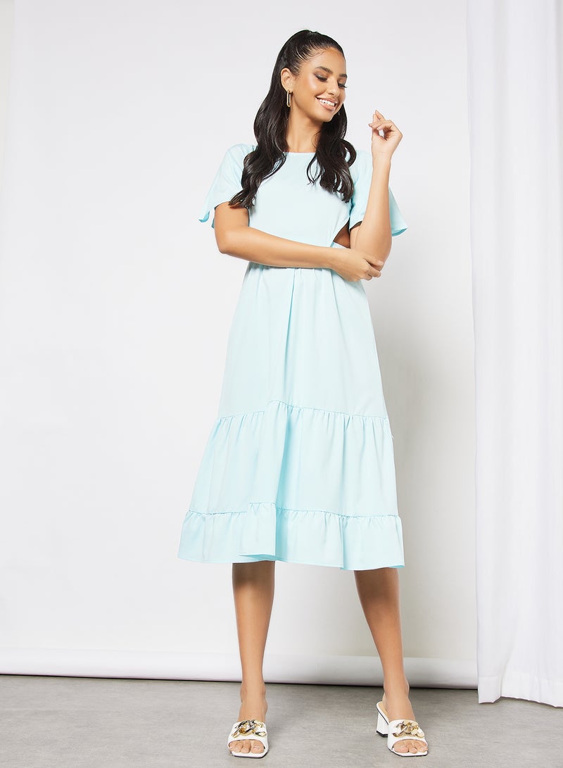 Aila - Casual Bell Shape Short Sleeve Midi Solid Woven Dress 14 Aqua Blue - Image 1