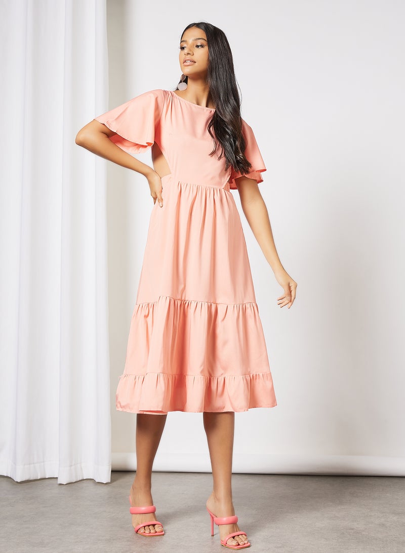 Aila - Casual Bell Shape Short Sleeve Midi Solid Woven Dress 51 Peach - Image 1