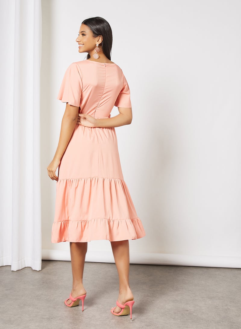 Aila - Casual Bell Shape Short Sleeve Midi Solid Woven Dress 51 Peach - Image 1