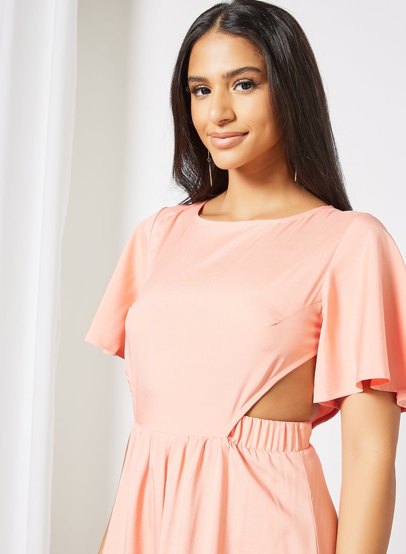 Aila - Casual Bell Shape Short Sleeve Midi Solid Woven Dress 51 Peach - Image 1