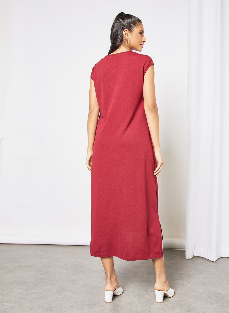 Aila - Casual V Neck Sleeveless Long Evening Maxi Solid Knit Dress 4 Dark Red - Image 1