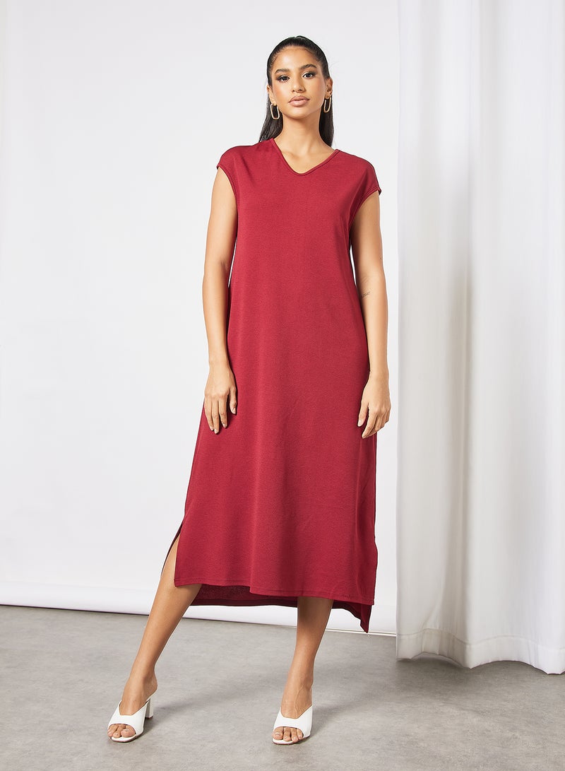 Aila - Casual V Neck Sleeveless Long Evening Maxi Solid Knit Dress 4 Dark Red - Image 1