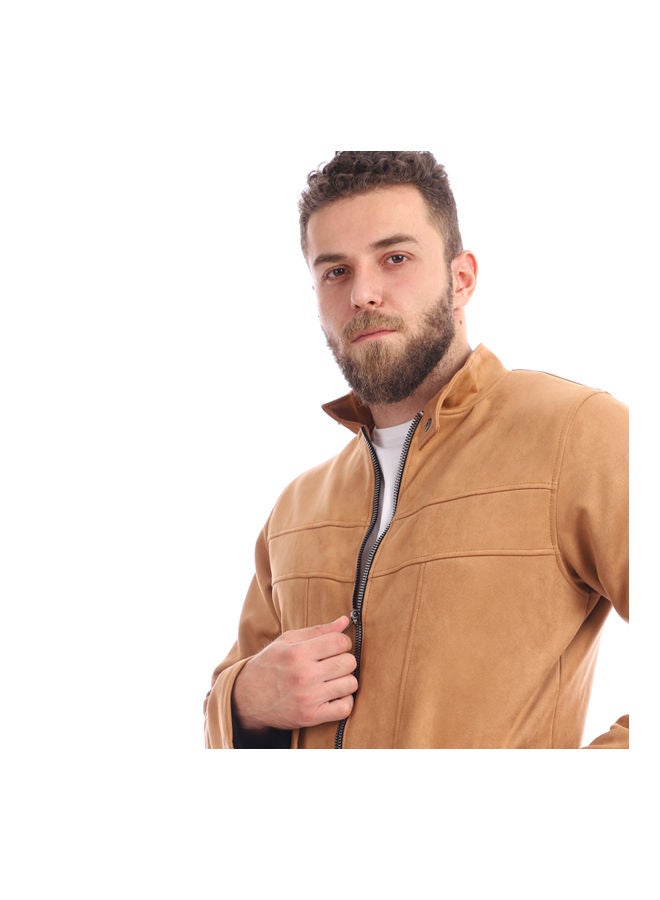 سيزار جاكيت كاجوال من الشمواه بأكمام طويلة وسحاب بني - Image 1