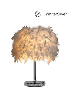 Portable Modern Style Antique Designed Decorative Table Lamp With Feather Lampshade White/Silver 13x13x24cm