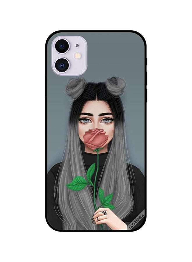 Covernex Apple iPhone 11 Protective Case Cover Printed Featuring Cute Girl Hide Mouth On Peach Rose DESIGN_0560 - Image 1