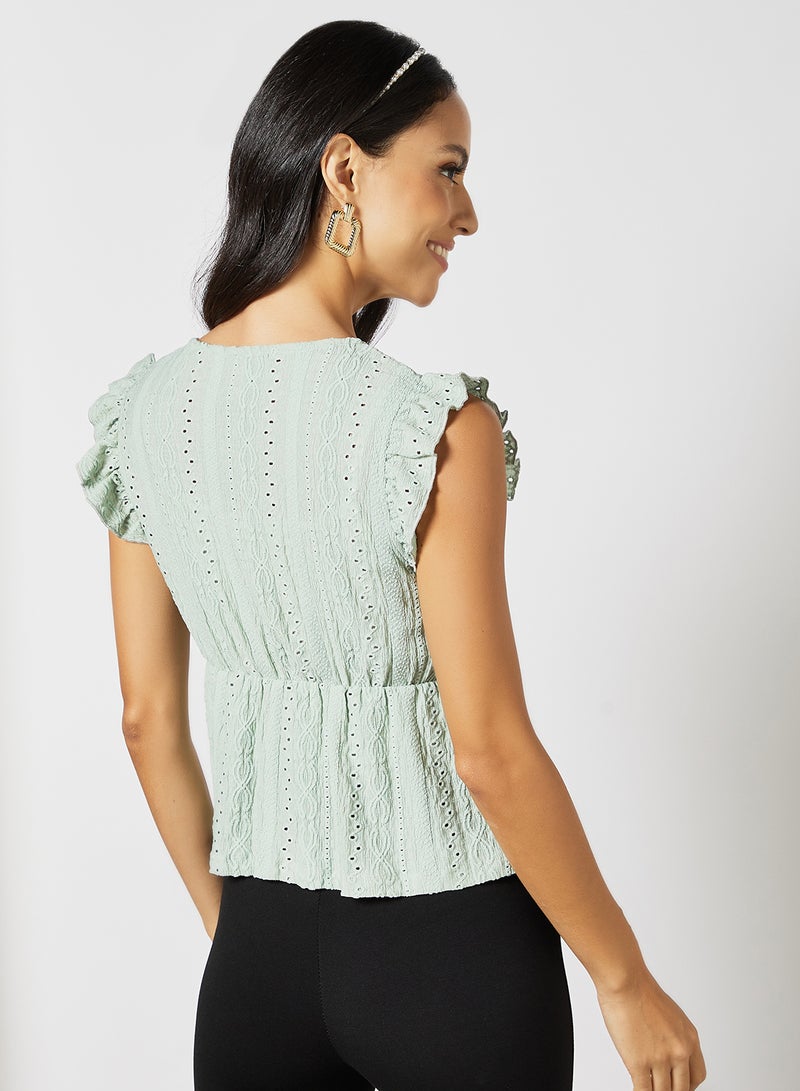 R&B V-Neck Schiffli Detail Top Dusty Mint  - Image 2