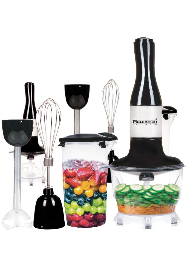 5 in 1 Stainless Steel Hand Blender , 700 watt,Copper Motor, Stainless Steel, 2 Speeds - Includes 500ml Chopper, Whisk, and Cup, MT-HB14 Black/Clear