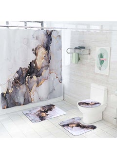 Sharpdo 4-Piece Marble Toilet Cover Floor Non-Slip Mat And Shower Curtain Set Multicolour 180x180cm  - Image 1