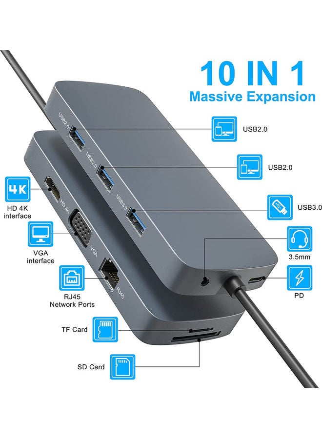 عربست - قاعدة شحن 10 في 1 من موزع Type C إلى منفذ 4K متوافق مع منافذ HDMI ، Rj45 ، Vga ، USB ، SD/TD وPD . رمادي - Image 1