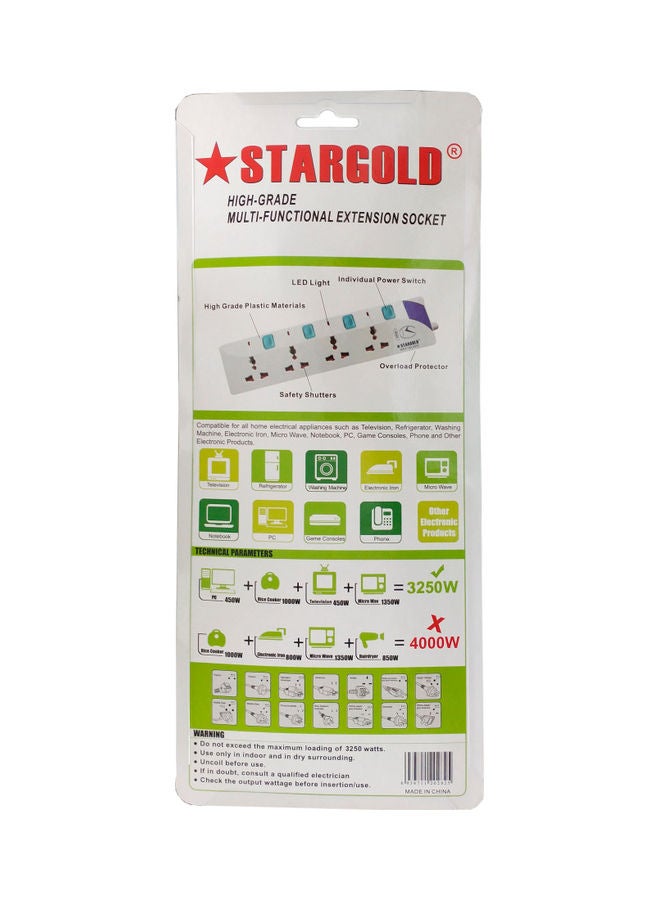Stargold 3250 Watts Universal 4-Way Power Extension Socket Cable With Individual Switch 13A Fused UK Plug White 5meter  - Image 3
