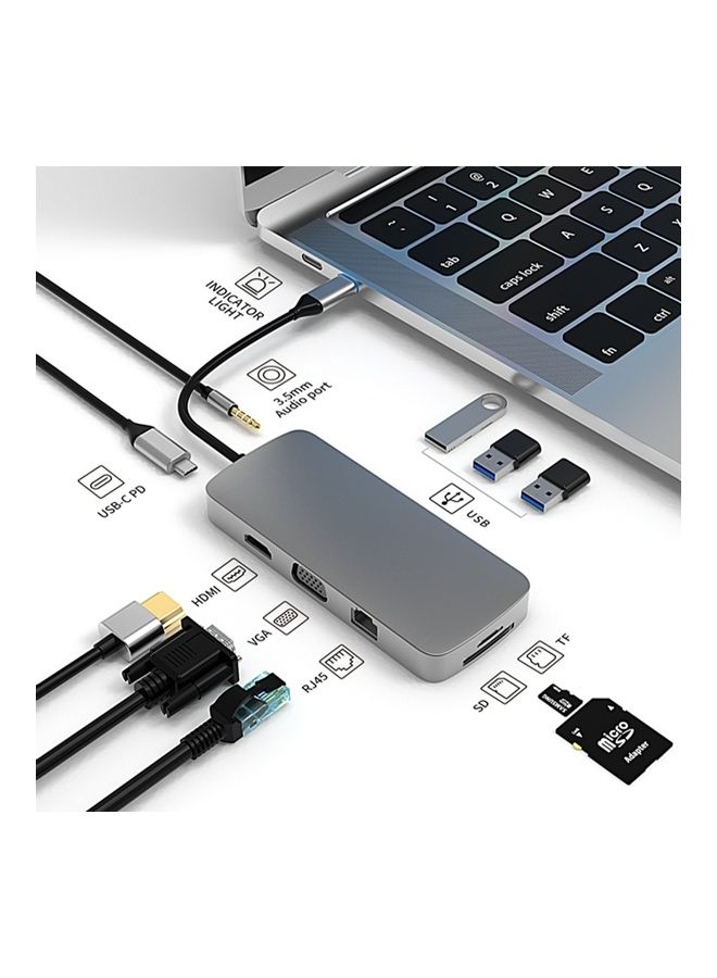 10-in-1 USB Hub Type C Adapter With 4K HDMI Port Grey - Image 3