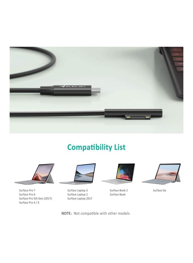 Surface to USB-C Charging Cable 15V/3A Compatible with PD Charger Type C Adapter for Microsoft Surface Pro 7/6/5/4/3 Black
